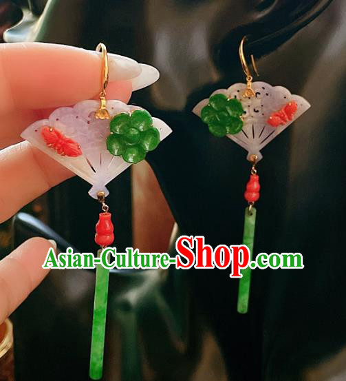 Chinese National Jadeite Fan Earrings Traditional Jewelry Handmade Ear Accessories