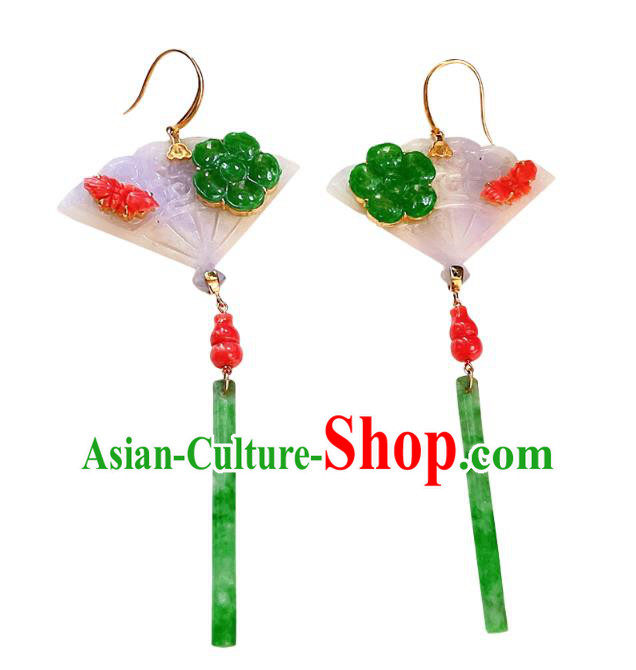 Chinese National Jadeite Fan Earrings Traditional Jewelry Handmade Ear Accessories