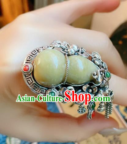Top Chinese National Jadeite Gourd Ring Jewelry Traditional Handmade Accessories Silver Circlet