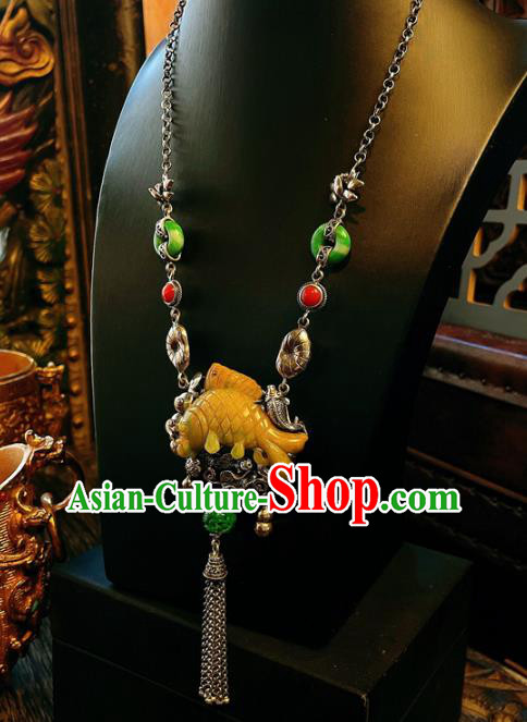 China Traditional Yellow Jade Carp Necklace Accessories Handmade Silver Tassel Necklet Pendant