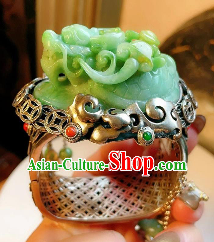 Handmade Chinese National Jade Carving Dragon Bracelet Accessories Traditional Culture Jewelry Silver Bangle