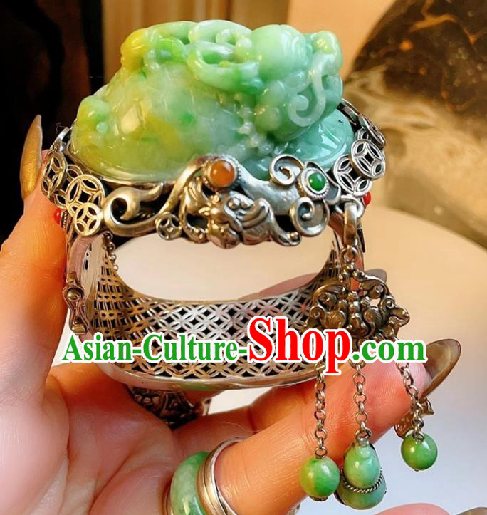 Handmade Chinese National Jade Carving Dragon Bracelet Accessories Traditional Culture Jewelry Silver Bangle