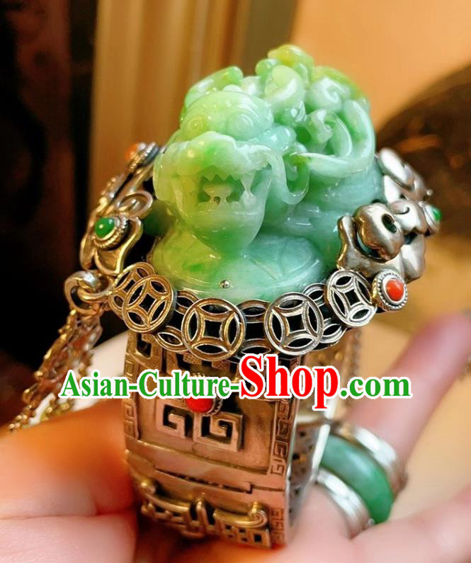 Handmade Chinese National Jade Carving Dragon Bracelet Accessories Traditional Culture Jewelry Silver Bangle