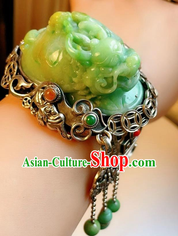 Handmade Chinese National Jade Carving Dragon Bracelet Accessories Traditional Culture Jewelry Silver Bangle