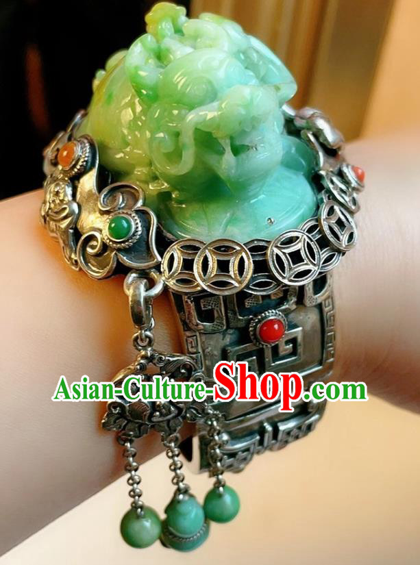 Handmade Chinese National Jade Carving Dragon Bracelet Accessories Traditional Culture Jewelry Silver Bangle