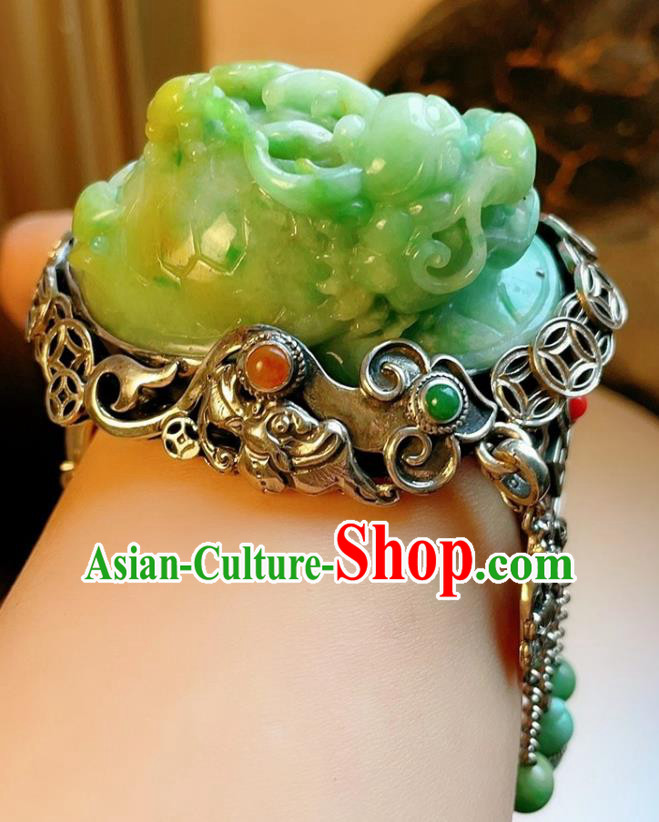 Handmade Chinese National Jade Carving Dragon Bracelet Accessories Traditional Culture Jewelry Silver Bangle