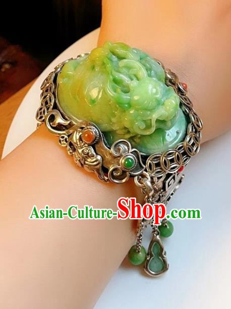 Handmade Chinese National Jade Carving Dragon Bracelet Accessories Traditional Culture Jewelry Silver Bangle