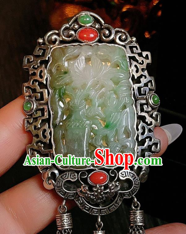 China Traditional Silver Tassel Necklace Accessories Handmade Wedding Jade Necklet Pendant