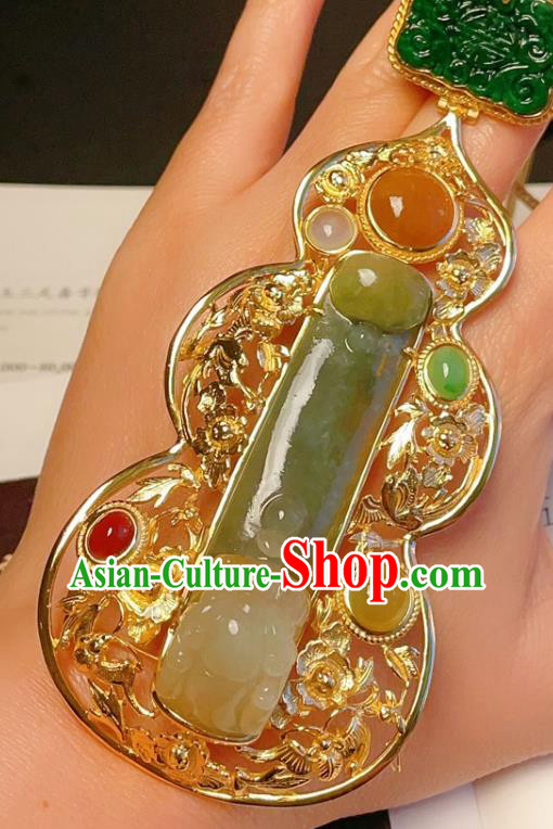 China Traditional Gilding Silver Necklace Accessories Handmade Wedding Jadeite Gourd Necklet Pendant