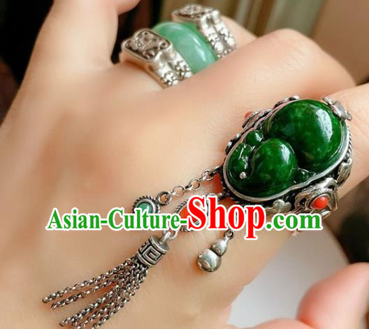 Top Chinese National Green Jadeite Ring Jewelry Traditional Handmade Wedding Accessories Silver Gourd Tassel Circlet