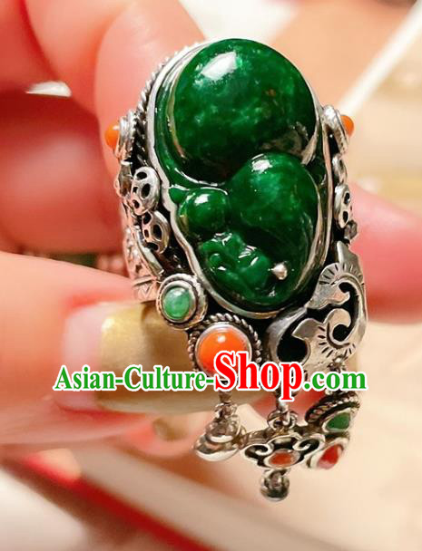 Top Chinese National Wedding Silver Ring Jewelry Traditional Handmade Accessories Green Jadeite Circlet