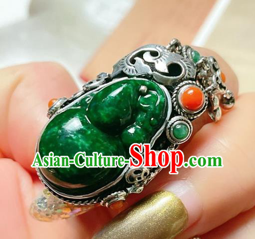 Top Chinese National Wedding Silver Ring Jewelry Traditional Handmade Accessories Green Jadeite Circlet