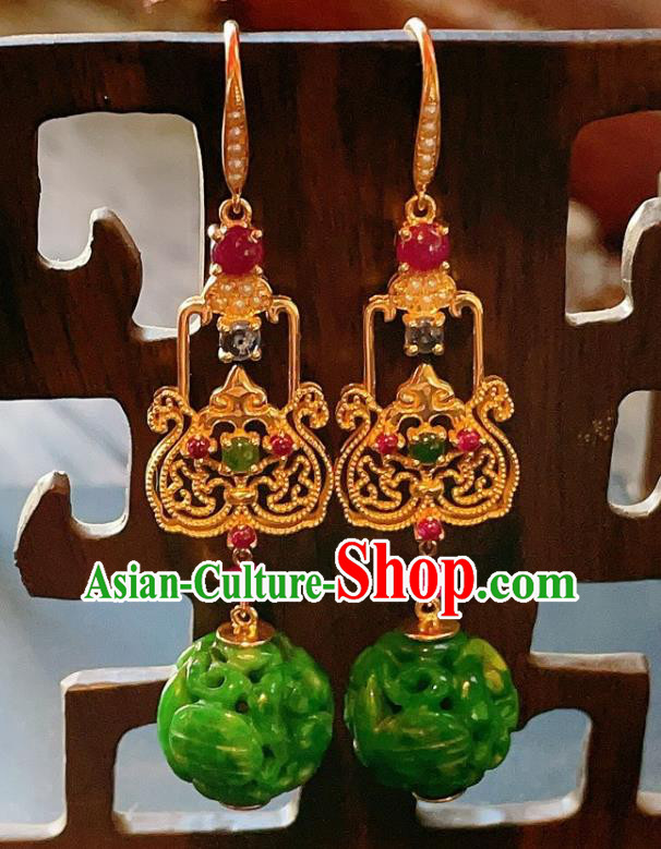 Chinese National Jadeite Carving Earrings Traditional Jewelry Handmade Tourmaline Ear Accessories