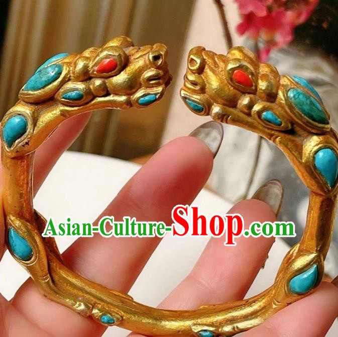 Handmade Chinese National Kallaite Bracelet Accessories Traditional Culture Jewelry Gilding Dragon Head Bangle