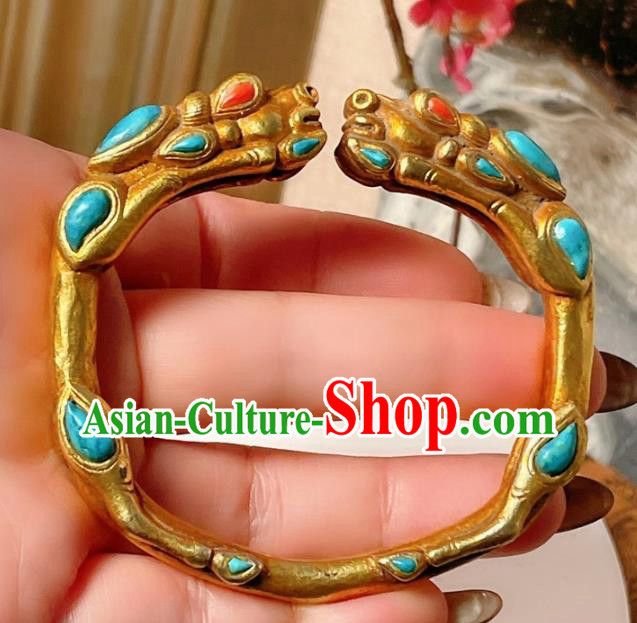 Handmade Chinese National Kallaite Bracelet Accessories Traditional Culture Jewelry Gilding Dragon Head Bangle