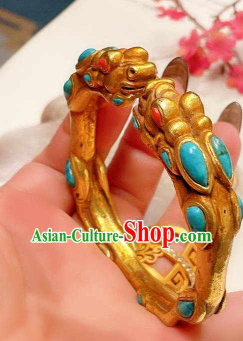 Handmade Chinese National Kallaite Bracelet Accessories Traditional Culture Jewelry Gilding Dragon Head Bangle