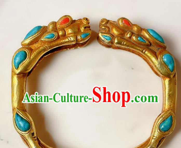 Handmade Chinese National Kallaite Bracelet Accessories Traditional Culture Jewelry Gilding Dragon Head Bangle