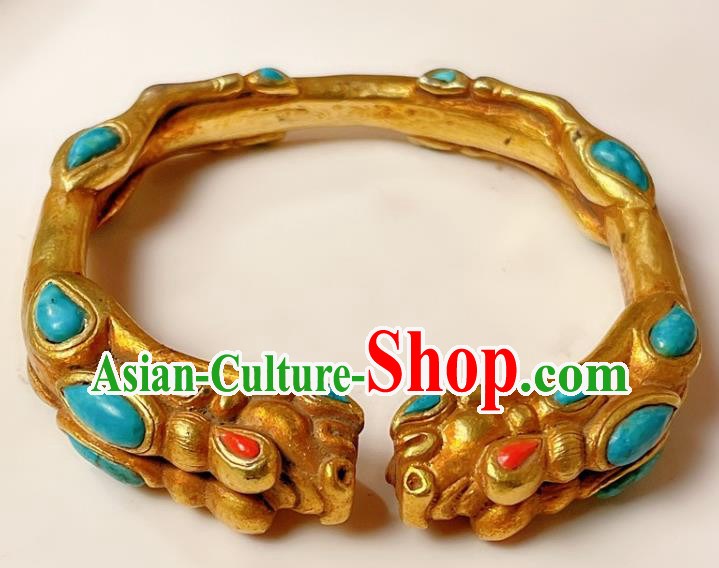 Handmade Chinese National Kallaite Bracelet Accessories Traditional Culture Jewelry Gilding Dragon Head Bangle