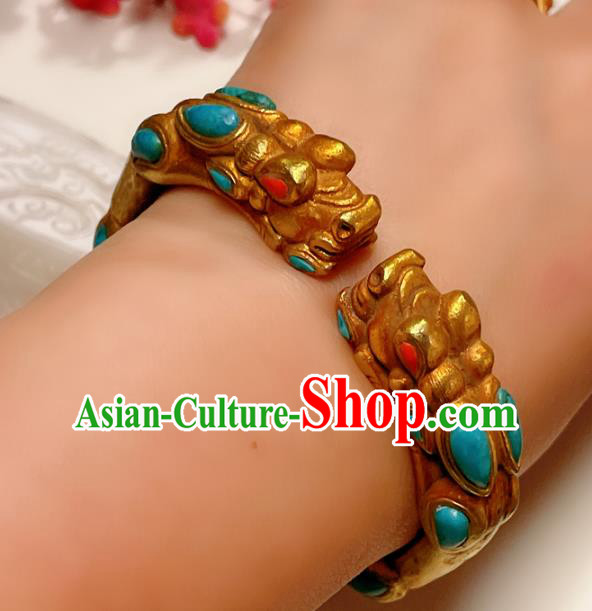 Handmade Chinese National Kallaite Bracelet Accessories Traditional Culture Jewelry Gilding Dragon Head Bangle