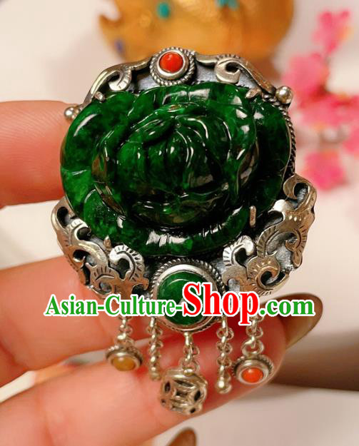 Top Chinese National Silver Carving Ring Jewelry Traditional Handmade Accessories Jadeite Rose Circlet