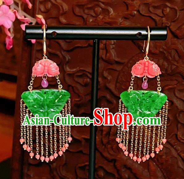 Chinese National Red Beads Tassel Earrings Traditional Jewelry Handmade Wedding Jadeite Butterfly Ear Accessories