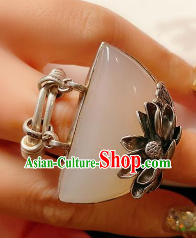 Top Chinese National Silver Lotus Ring Jewelry Traditional Handmade Accessories Hetian Jade Circlet