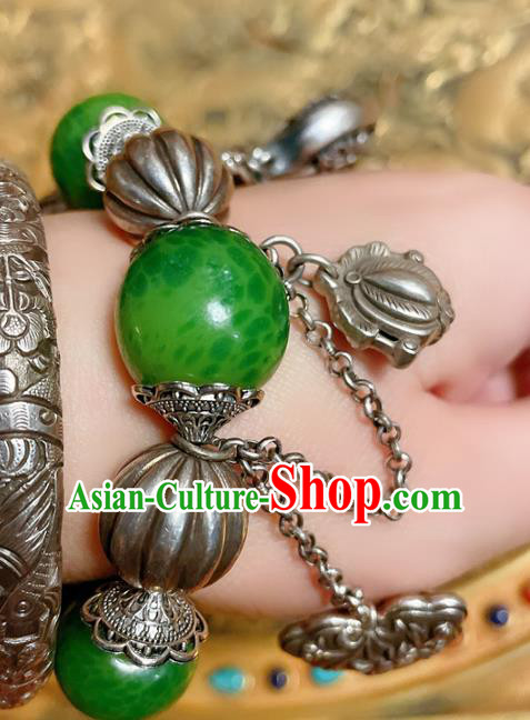 Handmade Chinese Jadeite Beads Bracelet Accessories Traditional Culture Jewelry Silver Carving Bangle