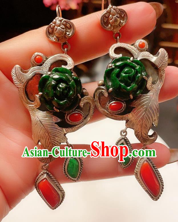 Chinese National Agate Silver Earrings Traditional Jewelry Handmade Wedding Jadeite Rose Ear Accessories