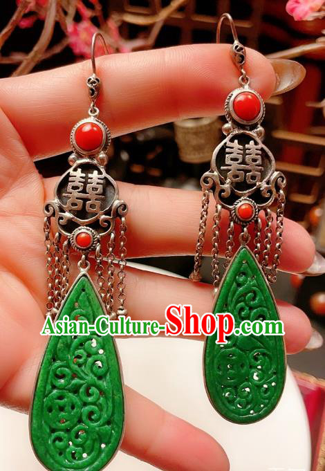 Chinese National Jadeite Earrings Traditional Jewelry Handmade Wedding Silver Ear Accessories