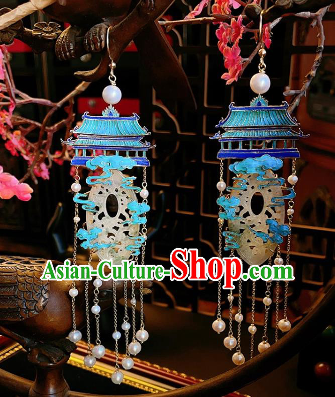 High Quality Chinese National Jadeite Earrings Traditional Jewelry Handmade Pearls Tassel Jade Ear Accessories