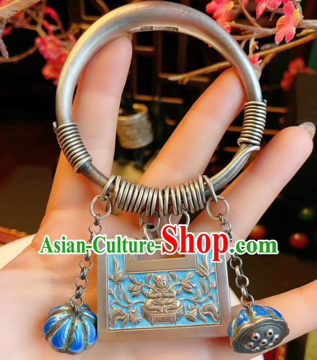 Handmade Chinese Blueing Lock Bracelet Accessories Traditional Culture Jewelry National Silver Carving Bangle