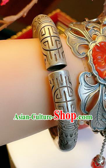 Handmade Chinese National Bracelet Accessories Traditional Culture Jewelry Silver Carving Bangle
