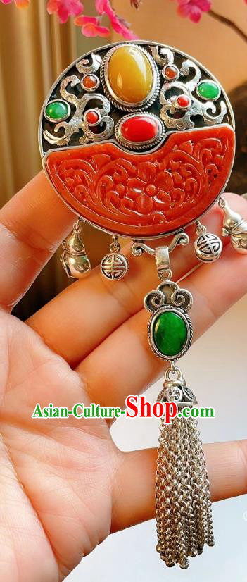 Handmade Chinese National Red Jade Brooch Accessories Traditional Culture Jewelry Silver Tassel Pendant