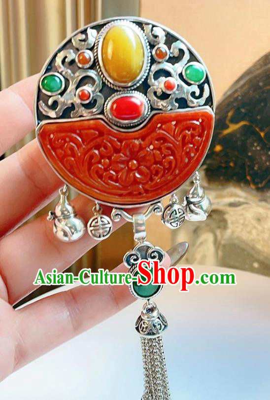 Handmade Chinese National Red Jade Brooch Accessories Traditional Culture Jewelry Silver Tassel Pendant