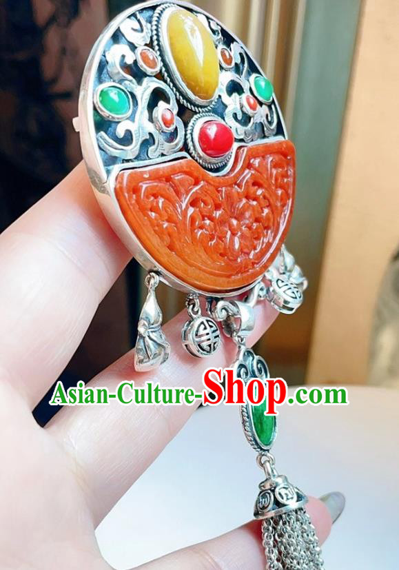 Handmade Chinese National Red Jade Brooch Accessories Traditional Culture Jewelry Silver Tassel Pendant