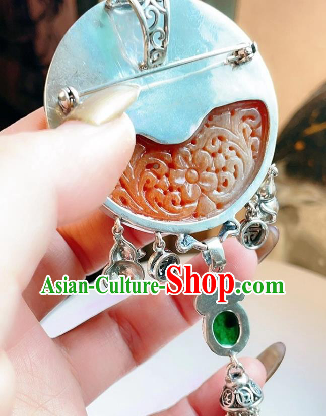 Handmade Chinese National Red Jade Brooch Accessories Traditional Culture Jewelry Silver Tassel Pendant