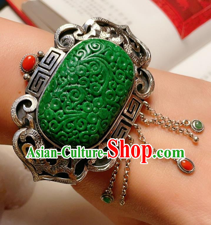 Handmade Chinese National Silver Bracelet Accessories Traditional Culture Jewelry Jadeite Carving Bangle