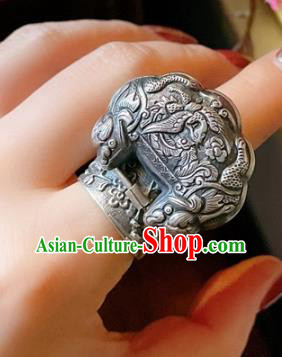Chinese National Carving Dragon Ring Jewelry Traditional Handmade Accessories Retro Silver Circlet