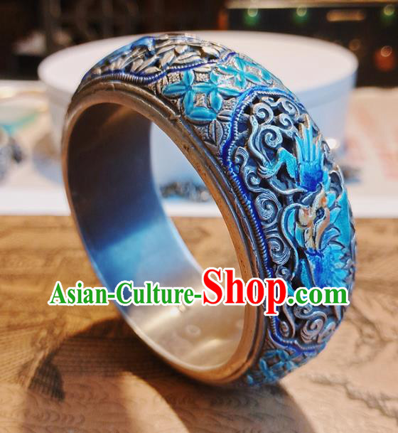 Handmade Chinese Blueing Silver Bracelet Accessories Traditional Culture Jewelry National Carving Dragon Bangle