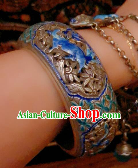 Handmade Chinese Blueing Silver Bracelet Accessories Traditional Culture Jewelry National Carving Dragon Bangle