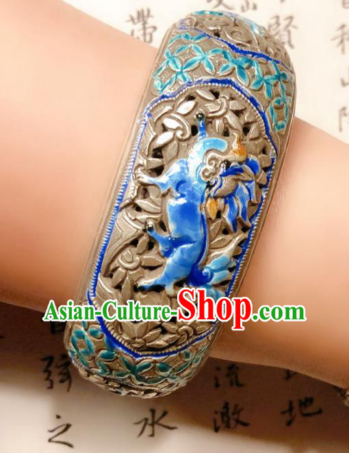 Handmade Chinese Blueing Silver Bracelet Accessories Traditional Culture Jewelry National Carving Dragon Bangle