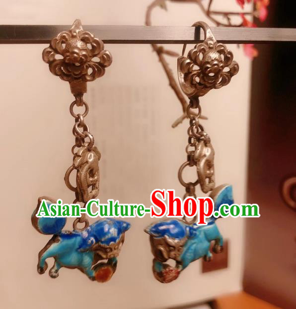 Chinese National Blueing Lion Earrings Traditional Jewelry Handmade Silver Ear Accessories