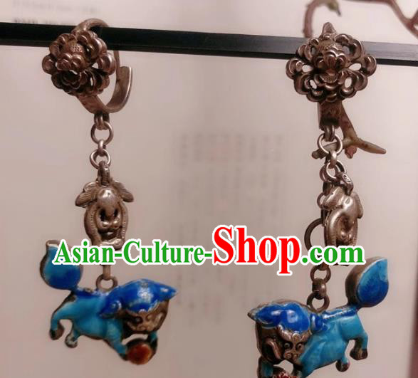 Chinese National Blueing Lion Earrings Traditional Jewelry Handmade Silver Ear Accessories