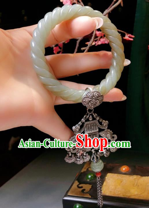 Handmade Chinese Hetian Jade Bracelet Accessories Traditional Culture Jewelry National Silver Pendant Bangle
