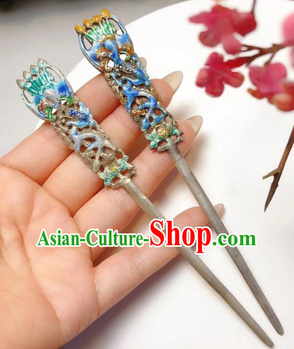 China Handmade Qing Dynasty Hair Stick Classical Blueing Silver Hairpin Traditional Hair Accessories