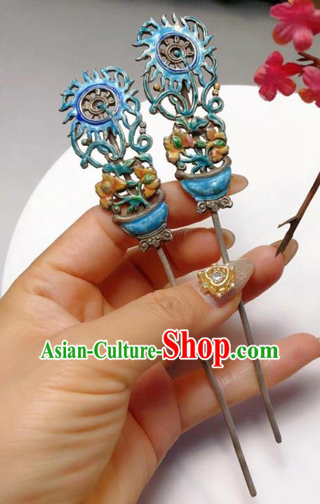 China Classical Blueing Potting Hairpin Traditional Hair Accessories Handmade Qing Dynasty Silver Hair Stick