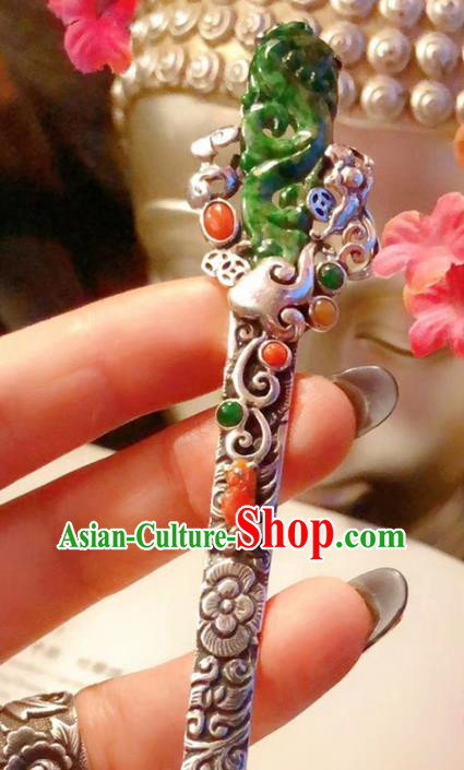 China Traditional Jadeite Hair Accessories Handmade Qing Dynasty Silver Hair Stick Classical Gems Hairpin