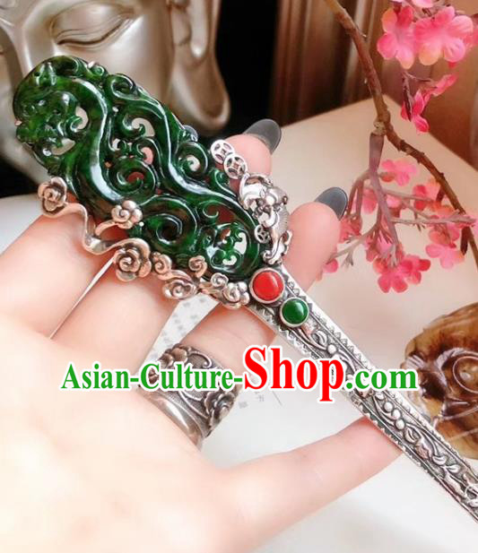 China Traditional Jadeite Dragon Hairpin Hair Accessories Handmade Qing Dynasty Silver Hair Stick