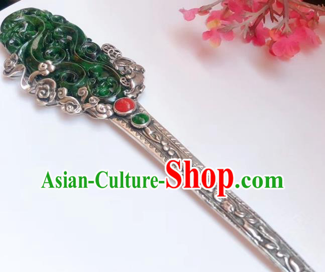 China Traditional Jadeite Dragon Hairpin Hair Accessories Handmade Qing Dynasty Silver Hair Stick