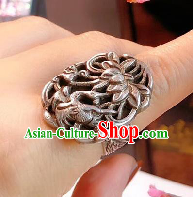 Chinese National Carving Crane Lotus Ring Jewelry Traditional Handmade Accessories Silver Circlet
